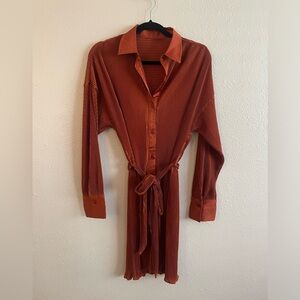 Pleated long sleeve shirt dress